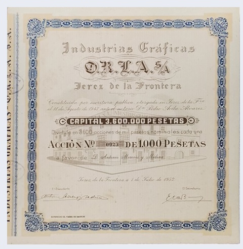 ACCION ANTIGUA ORIGINAL. INDUSTRIAS GRAFICAS O.R.L.A  S.A. Nº 0023. JEREZ 1952