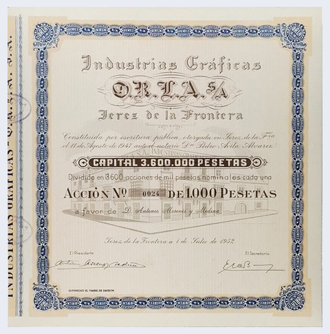 ACCION ANTIGUA ORIGINAL INDUSTRIAS GRAFICAS O.R.L.A  S.A. Nº 0024 JEREZ 1952