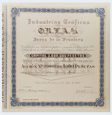 ACCION ANTIGUA ORIGINAL INDUSTRIAS GRAFICAS O.R.L.A  S.A. Nº 0025 JEREZ 1952