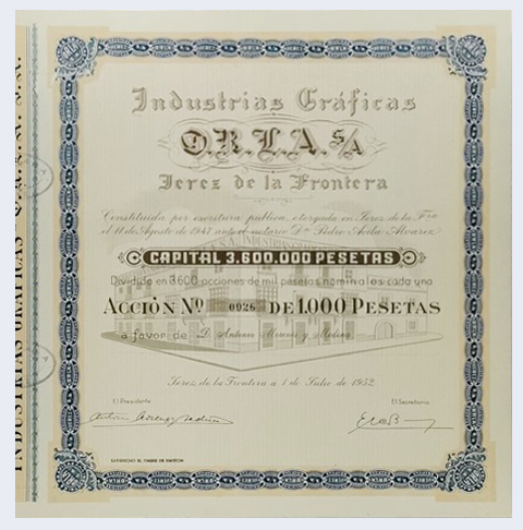 ACCION ANTIGUA ORIGINAL INDUSTRIAS GRAFICAS O.R.L.A  S.A. Nº 0026 JEREZ 1952