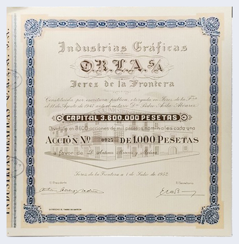 ACCION ANTIGUA ORIGINAL. INDUSTRIAS GRAFICAS O.R.L.A  S.A. Nº 0027 JEREZ 1952
