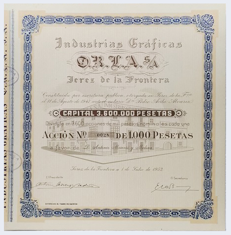 ACCION ANTIGUA ORIGINAL INDUSTRIAS GRAFICAS O.R.L.A  S.A. Nº 0028 JEREZ 1952