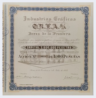 ACCION ANTIGUA ORIGINAL INDUSTRIAS GRAFICAS O.R.L.A  S.A. Nº 0029 JEREZ 1952