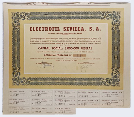 ACCION ANTIGUA ORIGINAL. ELECTROFIL SEVILLA S. A. Nº 2117. SEVILLA 1957