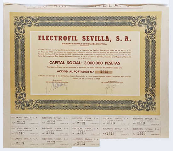 ACCION ANTIGUA ORIGINAL. ELECTROFIL SEVILLA S. A. Nº 2113. SEVILLA 1957