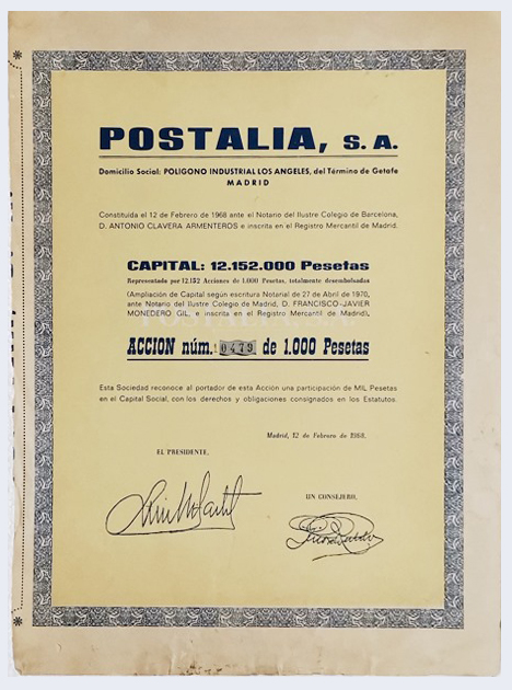 ACCION ANTIGUA ORIGINAL. POSTALIA S. A. MADRID 1968.