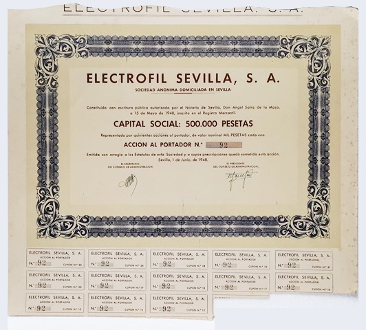 ACCION ANTIGUA ORIGINAL. ELECTROFIL SEVILLA S. A. Nº 92. SEVILLA 1948