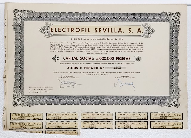 ACCION ANTIGUA ORIGINAL. ELECTROFIL SEVILLA S. A. Nº 4355. SEVILLA 1963
