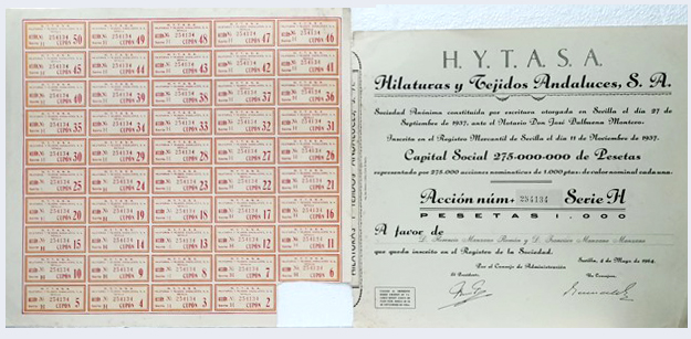 ACCION ANTIGUA ORIGINAL, H.Y.T.A.S.A. Nº 254134. SEVILLA AÑO 1964