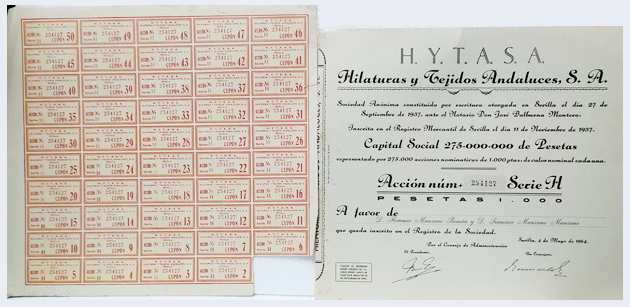 ACCION ANTIGUA ORIGINAL, H.Y.T.A.S.A. Nº 254127 SEVILLA AÑO 1964