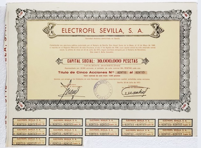 ACCION ANTIGUA ORIGINAL. ELECTROFIL SEVILLA S. A. Nº 029711 AL Nº 029715. SEVILLA 1973