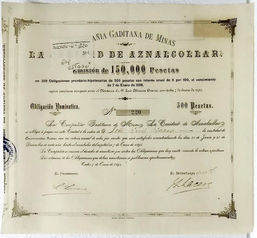 ACCION COMPAÑÍA GADITANA DE MINAS LA CARIDAD DE AZNALCOLLAR CADIZ 1893 (VER DESCRIPCION)