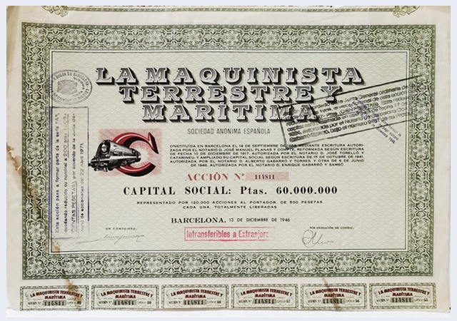 ACCION LA MAQUINISTA TERRESTRE Y MARITIMA S.A.E. ACCION Nº 114811 BARCELONA 13-12-1946