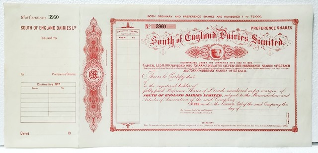 ACCION ANTIGUA ORIGINAL SOUTH OF ENGLAND DAIRIES LIMITED Nº 3960