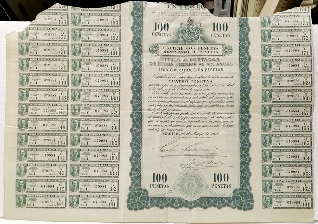 ACCION ANTIGUA ORIGINAL DEUDA PERPETUA DE ESPAÑA 100 PTAS. MADRID 16 MAYO 1930 Nº 079984