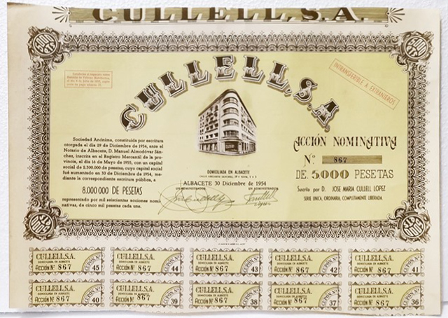 ACCION ANTIGUA ORIGINAL. CULELL S.A. ACCION NOMINATIVA Nº 867 DE 5000 PTAS. ALBACETE 1954