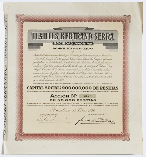 ACCION ANTIGUA ORIGINAL. TEXTILES BERTRAND SERRA, S.A. Nº 3575. BARCELONA 1970