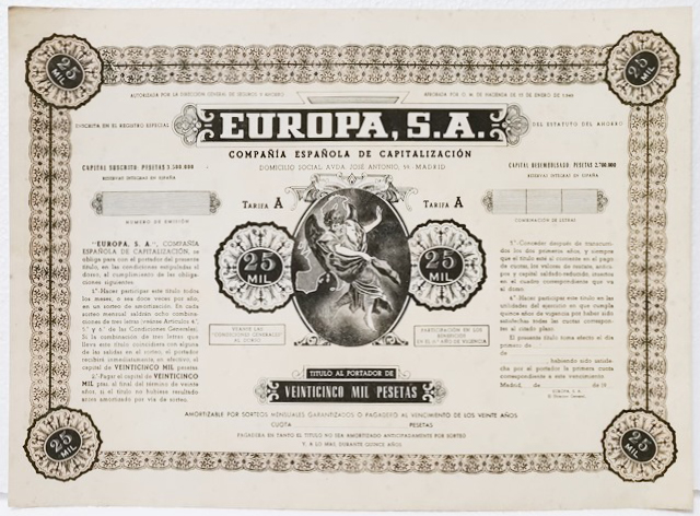 ACCION ANTIGUA ORIGINAL. EUROPA, S.A. MADRID 1949 TITULO AL PORTADOR DE 25.000 PTAS.