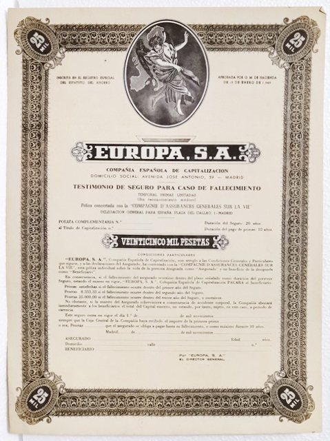 ACCION ANTIGUA ORIGINAL. EUROPA, S.A. MADRID 1949 TITULO AL PORTADOR DE 25.000 PTAS.