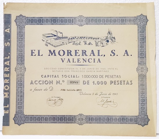 ACCION ORIGINAL EL MORERAL, S.A. VALENCIA ACCION Nº 0989 DE 1000 PTAS. VALENCIA 1945
