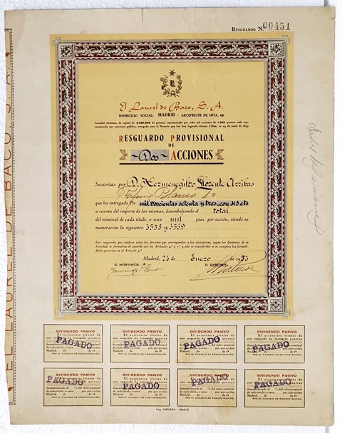 EL LAUREL DE BACO, S.A. RESGUARDO PROVISIONAL 2 ACCIONES 1000 PTAS. Nº 3558-59. MADRID