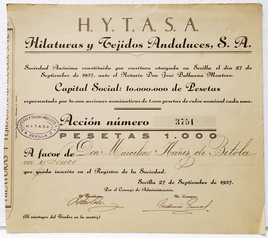 ACCION ORIGINAL, HILATURAS Y TEJIDOS ANDALUCES, S.A. Nº 3751. SEVILLA 1937 1000 PTAS.