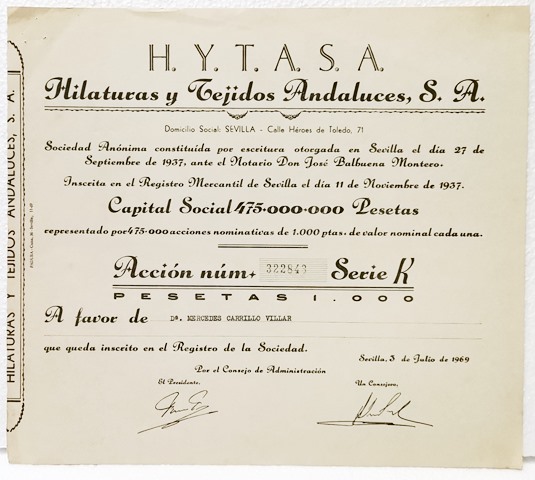 ACCION ORIGINAL H.I.T.A.S.A. Nº 322843. 1000 PTAS. SERIE K. SEVILLA 3 JULIO 1969