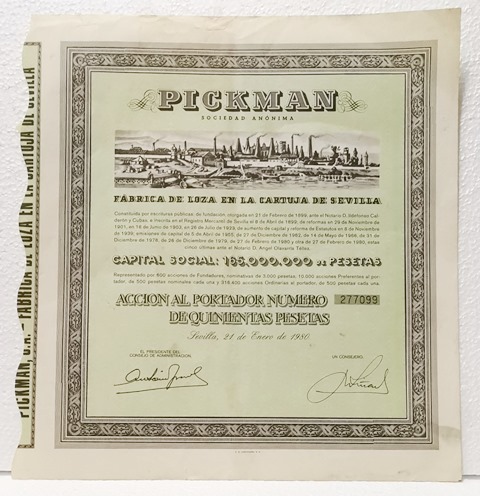 ACCION PICKMAN S.A. FABRICA DE LOZA CARTUJA DE SEVILLA Nº 277099 500 PTAS. 21-1-1980