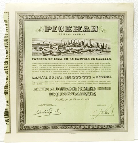 ACCION PICKMAN S.A. FABRICA DE LOZA CARTUJA DE SEVILLA Nº 277102 500 PTAS. 21-1-1980