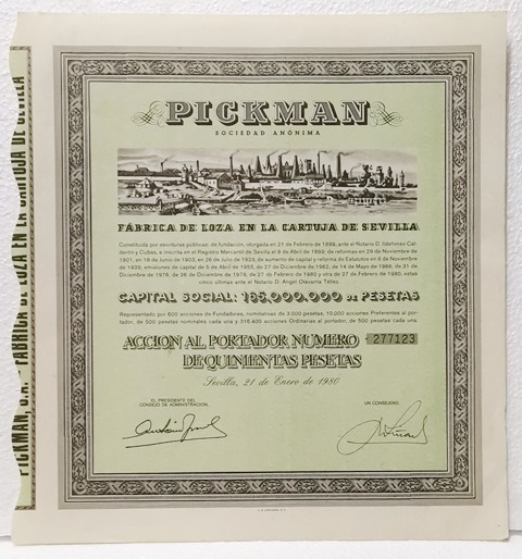 ACCION PICKMAN S.A. FABRICA DE LOZA CARTUJA DE SEVILLA Nº 277123 500 PTAS. 21-1-1980