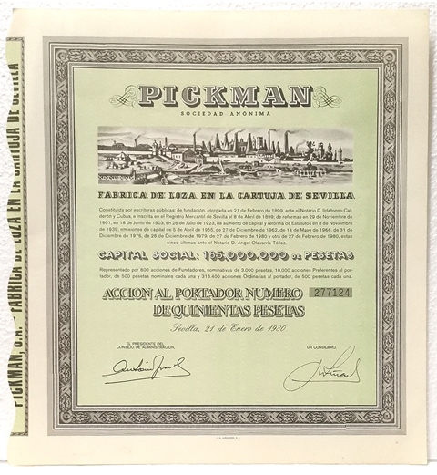 ACCION PICKMAN S.A. FABRICA DE LOZA CARTUJA DE SEVILLA Nº 277124 500 PTAS. 21-1-1980