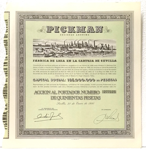 ACCION PICKMAN S.A. FABRICA DE LOZA CARTUJA DE SEVILLA Nº 277125 500 PTAS. 21-1-1980
