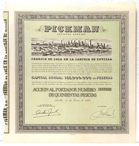 ACCION PICKMAN S.A. FABRICA DE LOZA CARTUJA DE SEVILLA Nº 277126 500 PTAS. 21-1-1980