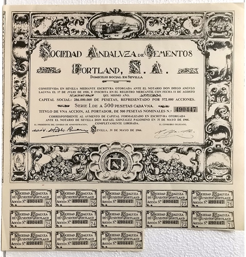 ACCION SOCIEDAD ANDALUZA DE CEMENTOS PORTLAND S.A. Nº 490447 500 PTAS. 21-5-1966