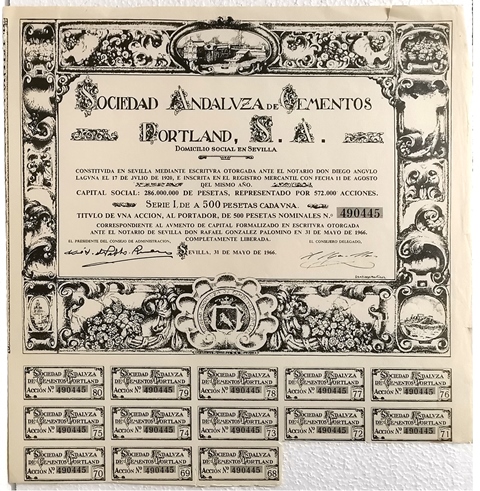 ACCION SOCIEDAD ANDALUZA DE CEMENTOS PORTLAND S.A. Nº 490445 500 PTAS. 21-5-1966