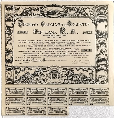ACCION SOCIEDAD ANDALUZA DE CEMENTOS PORTLAND S.A. Nº 490444 500 PTAS. 21-5-1966