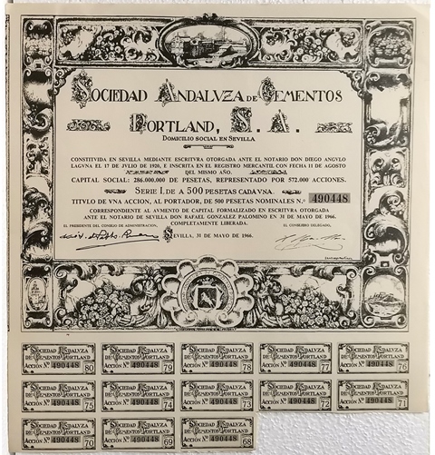 ACCION SOCIEDAD ANDALUZA DE CEMENTOS PORTLAND S.A. Nº 490448 500 PTAS. 21-5-1966