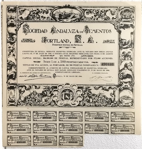 ACCION SOCIEDAD ANDALUZA DE CEMENTOS PORTLAND S.A. Nº 490446 500 PTAS. 21-5-1966