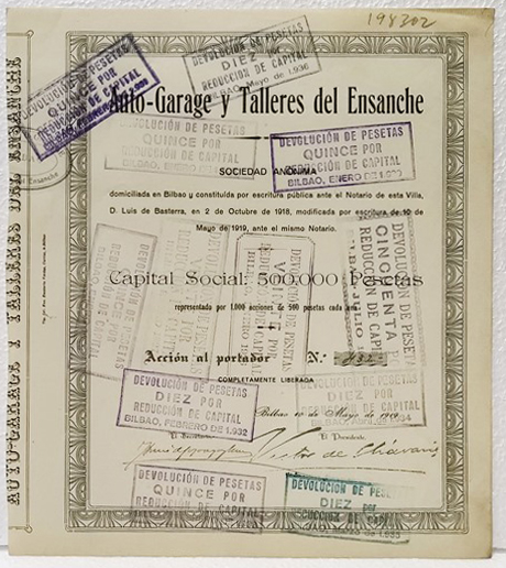 ACCION ANTIGUA ORIGINAL AUTO-GARAGE Y TALLERES DEL ENSANCHE Nº 432 BILBAO 1919