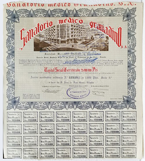 ACCION ANTIGUA ORIGINAL SANATORIO MEDICO GRANADINO Nº 17532 GRANADA 25 ABRIL 1964