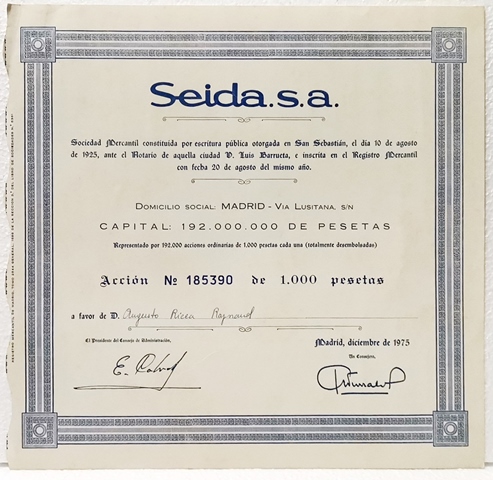 ACCION ORIGINAL SEIDA, S.A. SEDE MADRID Nº 185389 1000 PTAS.MADRID DICIEMBRE 1975