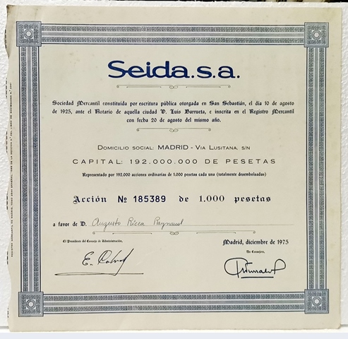 ACCION ORIGINAL SEIDA, S.A. SEDE MADRID Nº 185390 1000 PTAS.MADRID DICIEMBRE 1975