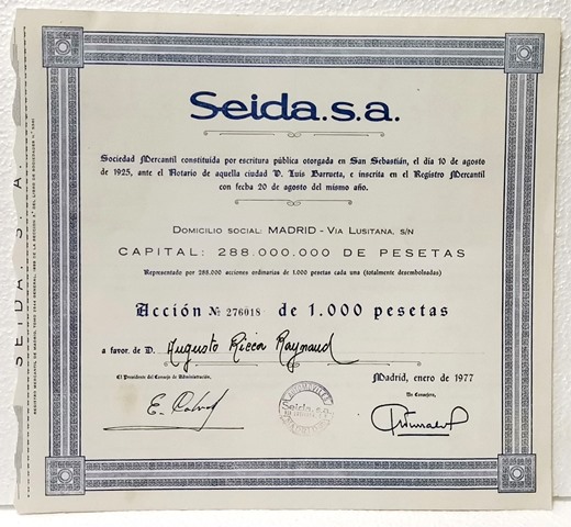 ACCION ORIGINAL SEIDA, S.A. SEDE MADRID Nº 276018 1000 PTAS.MADRID ENERO 1977