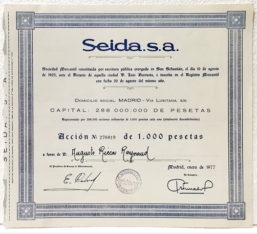 ACCION ORIGINAL SEIDA, S.A. SEDE MADRID Nº 276019 1000 PTAS.MADRID ENERO 1977