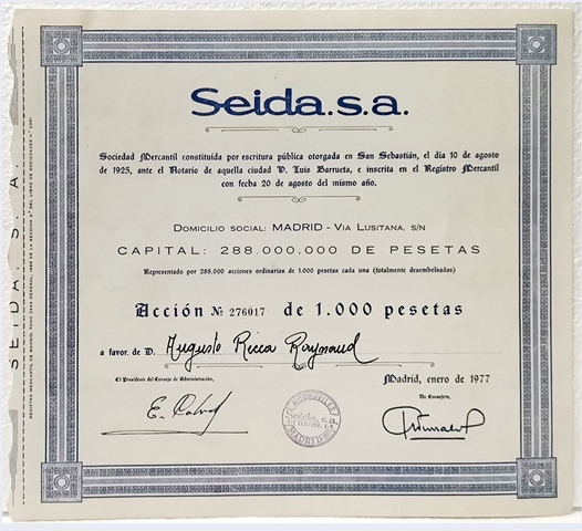 ACCION ORIGINAL SEIDA, S.A. SEDE MADRID Nº 276017 1000 PTAS.MADRID ENERO 1977