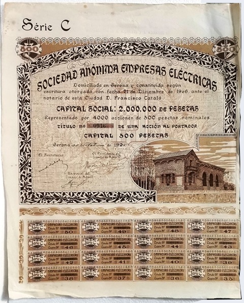 ACCION ANTIGUA ORIGINAL. S.A. EMPRESAS ELECTRICAS. Nº 0946. GERONA 1905
