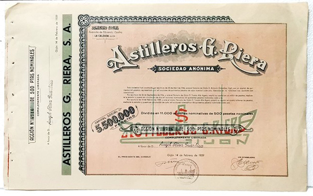 ACCION ORIGINAL. ASTILLEROS G. RIERA S.A. Nº 4716 DE 500 PTAS. GIJON 14 FEBRERO 1959