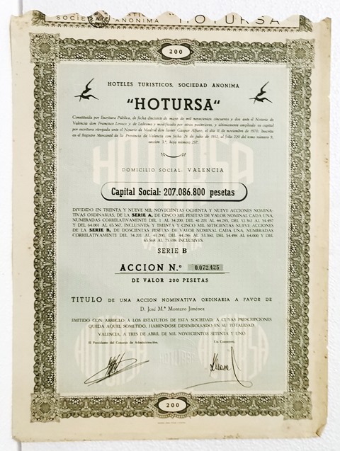 ACCION ORIGINAL. HOTELES TURISTICOS S.A. HOTURSA Nº 0.072.425 200 PTAS. VALENCIA 3 ABRIL 1971