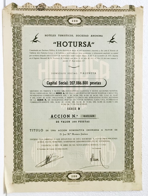 ACCION ORIGINAL. HOTELES TURISTICOS S.A. HOTURSA Nº 0.072.426 200 PTAS. VALENCIA 3 ABRIL 1971