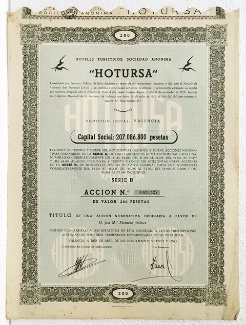 ACCION ORIGINAL. HOTELES TURISTICOS S.A. HOTURSA Nº 0.072.427 200 PTAS. VALENCIA 3 ABRIL 1971